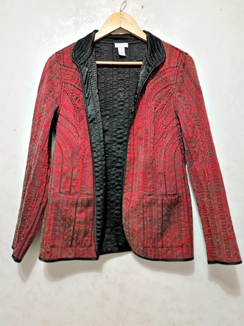 Chico's Red & Black Paisley Quilted Open-Front Jacket Size 1 M